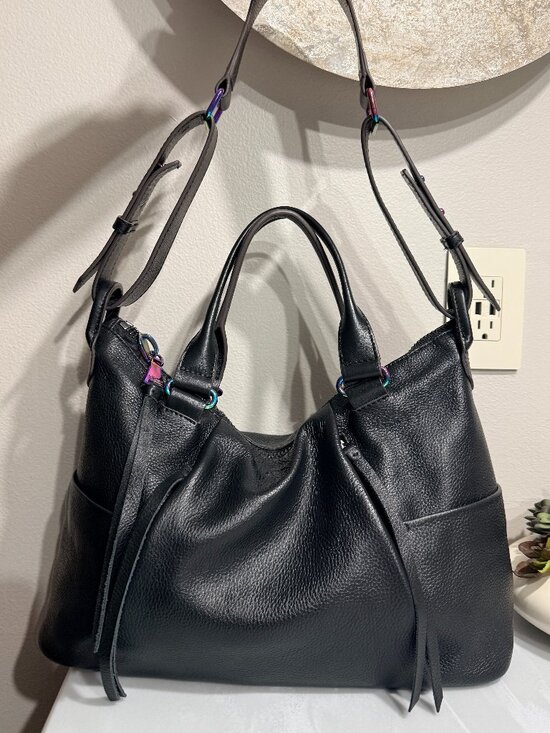 Aimee Kestenberg Handbags - Convertible Slouchy Pebbled Black Leather Satchel Shoulder Bag Iridescent